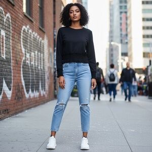 Black short top with long sleeves, smoked on wrist and waist, very flattering